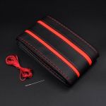 Husa volan din PIELE NATURALA CU DOUA DUNGI ROSII, pentru autoturisme, diametru 37 - 39 cm, cu ac si ata (se coase, aspect ORIGINAL) FAVLine Selection