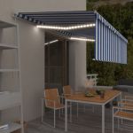 Copertină retractabilă manual cu stor&LED, albastru&alb, 5x3 m GartenMobel Dekor