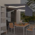 Copertină automată stor&LED&senzor vânt, albastru&alb 4,5x3 cm GartenMobel Dekor