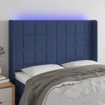 Tăblie de pat cu LED, albastru, 147x16x118/128 cm, textil GartenMobel Dekor