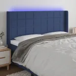Tăblie de pat cu LED, albastru, 183x16x118/128 cm, textil GartenMobel Dekor