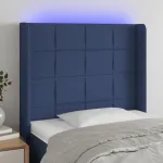 Tăblie de pat cu LED, albastru, 83x16x118/128 cm, textil GartenMobel Dekor