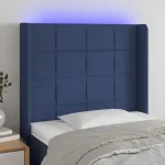 Tăblie de pat cu LED, albastru, 93x16x118/128 cm, textil GartenMobel Dekor