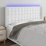 Tăblie de pat cu LED, alb, 203x16x118/128 cm, piele ecologică GartenMobel Dekor