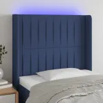 Tăblie de pat cu LED, albastru, 103x16x118/128 cm, textil GartenMobel Dekor