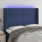Tăblie de pat cu LED, albastru, 147x16x118/128 cm, textil GartenMobel Dekor