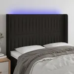 Tăblie de pat cu LED, negru, 147x16x118/128 cm, textil GartenMobel Dekor
