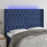 Tăblie de pat cu LED, albastru, 147x16x118/128 cm, textil GartenMobel Dekor