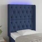 Tăblie de pat cu LED, albastru, 83x16x118/128 cm, textil GartenMobel Dekor