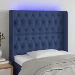 Tăblie de pat cu LED, albastru, 93x16x118/128 cm, textil GartenMobel Dekor