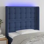 Tăblie de pat cu LED, albastru, 93x16x118/128 cm, textil GartenMobel Dekor