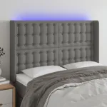 Tăblie de pat cu LED, gri închis, 147x16x118/128 cm, textil GartenMobel Dekor