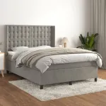 Pat box spring cu saltea, gri deschis, 140x190 cm, catifea GartenMobel Dekor