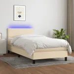 Pat cu arcuri, saltea și LED, crem, 90x190 cm, textil GartenMobel Dekor