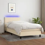 Pat cu arcuri, saltea și LED, crem, 90x200 cm, textil GartenMobel Dekor