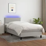 Pat cu arcuri, saltea și LED, gri deschis, 100x200 cm, textil GartenMobel Dekor