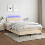 Pat cu arcuri, saltea și LED, crem, 120x200 cm, textil GartenMobel Dekor