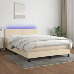 Pat cu arcuri, saltea și LED, crem, 140x200 cm, textil GartenMobel Dekor
