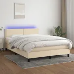 Pat cu arcuri, saltea și LED, crem, 140x200 cm, textil GartenMobel Dekor