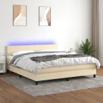 Pat cu arcuri, saltea și LED, crem, 160x200 cm, textil GartenMobel Dekor