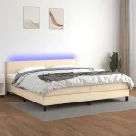 Pat cu arcuri, saltea și LED, crem, 200x200 cm, textil GartenMobel Dekor