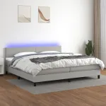 Pat cu arcuri, saltea și LED, gri deschis, 200x200 cm, textil GartenMobel Dekor