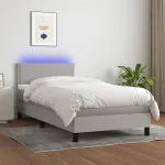 Pat cu arcuri, saltea și LED, gri deschis, 90x200 cm, textil GartenMobel Dekor