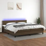 Pat cu arcuri, saltea și LED, maro închis, 200x200 cm, textil GartenMobel Dekor