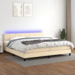 Pat cu arcuri, saltea și LED, crem, 200x200 cm, textil GartenMobel Dekor