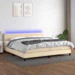 Pat cu arcuri, saltea și LED, crem, 200x200 cm, textil GartenMobel Dekor
