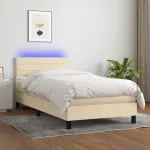Pat cu arcuri, saltea și LED, crem, 80x200 cm, textil GartenMobel Dekor