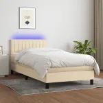 Pat cu arcuri, saltea și LED, crem, 80x200 cm, textil GartenMobel Dekor