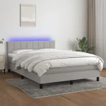 Pat cu arcuri, saltea și LED, gri deschis, 140x200 cm, textil GartenMobel Dekor