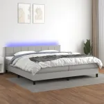 Pat cu arcuri, saltea și LED, gri deschis, 200x200 cm, textil GartenMobel Dekor