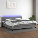 Pat cu arcuri, saltea și LED, gri închis, 200x200 cm, textil GartenMobel Dekor