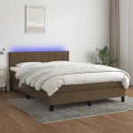 Pat cu arcuri, saltea și LED, maro închis, 140x200 cm, textil GartenMobel Dekor