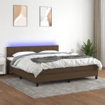 Pat cu arcuri, saltea și LED, maro închis, 160x200 cm, textil GartenMobel Dekor