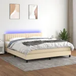 Pat cu arcuri, saltea și LED, crem, 160x200 cm, textil GartenMobel Dekor