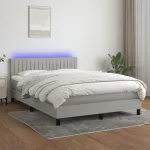 Pat cu arcuri, saltea și LED, gri deschis, 140x200 cm, textil GartenMobel Dekor