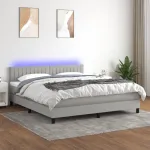 Pat cu arcuri, saltea și LED, gri deschis, 160x200 cm, textil GartenMobel Dekor