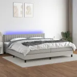 Pat cu arcuri, saltea și LED, gri deschis, 200x200 cm, textil GartenMobel Dekor