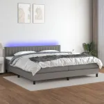 Pat cu arcuri, saltea și LED, gri închis, 200x200 cm, textil GartenMobel Dekor