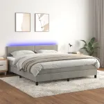 Pat cu arcuri, saltea și LED, gri deschis, 180x200 cm, catifea GartenMobel Dekor