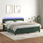 Pat cu arcuri, saltea și LED, verde închis, 160x200 cm, catifea GartenMobel Dekor