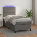 Pat cu arcuri, cu saltea și LED, gri, 90x200 cm, piele eco GartenMobel Dekor
