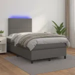 Pat cu arcuri, saltea și LED, gri, 120x200 cm, piele ecologică GartenMobel Dekor