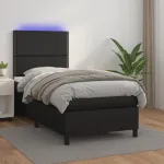 Pat cu arcuri, saltea și LED, negru, 100x200cm, piele ecologică GartenMobel Dekor
