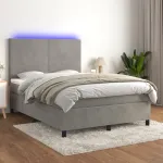 Pat continental cu saltea și LED gri deschis 140x190 cm catifea GartenMobel Dekor