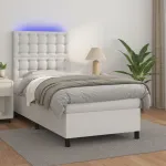 Pat cu arcuri, cu saltea și LED, alb, 90x200 cm, piele eco GartenMobel Dekor