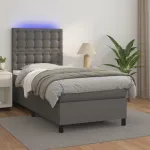 Pat cu arcuri, cu saltea și LED, gri, 100x200 cm, piele eco GartenMobel Dekor